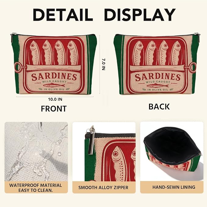 JIUWEIHU Vintage Sardines Gifts Makeup Bag Canned Sardines Cosmetic Bag | Travel Toiletry Bags Fish Makeup Pouch Christmas Birthday Gifts for Women Mom Girls Sisters Friends Sardine Lovers