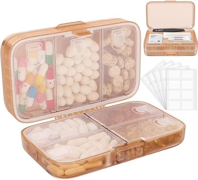 FYY Travel Pill Organizer, Large Weekly Medicine Pill Organizer-Brown | Airtight Moistureproof Medicine Case, Easy to Use, 8 Compartment Pill Box for Vitamins, Fish Oil, Supplements, Mini First Aid