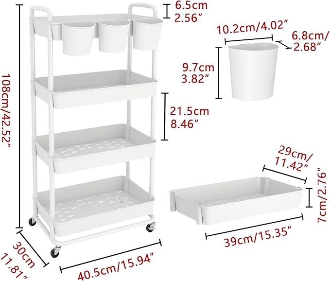 4-Tier Plastic Rolling Storage Cart Utility Cart White | Utility Cart with Extra Hanging Cups Arc-Shaped Handles Lockable Wheels for Living Room Bathroom Kitchen Office