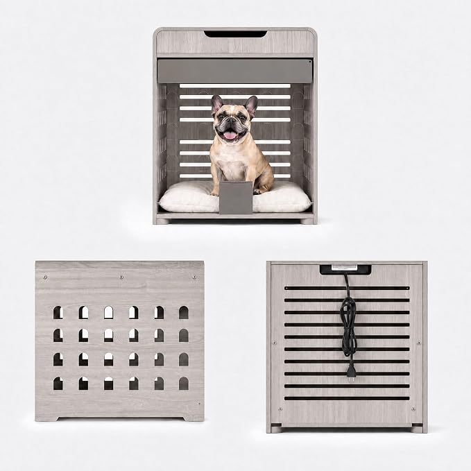 Modern Dog Crate Furniture Wooden Kennel Charging Station End Table Grey | Nightstand, Dog Cage Indoor, up to 50 lb, with Flip-Up Acrylic Door, Storage Drawer, Medium Small Dogs, Living Room Bedroom