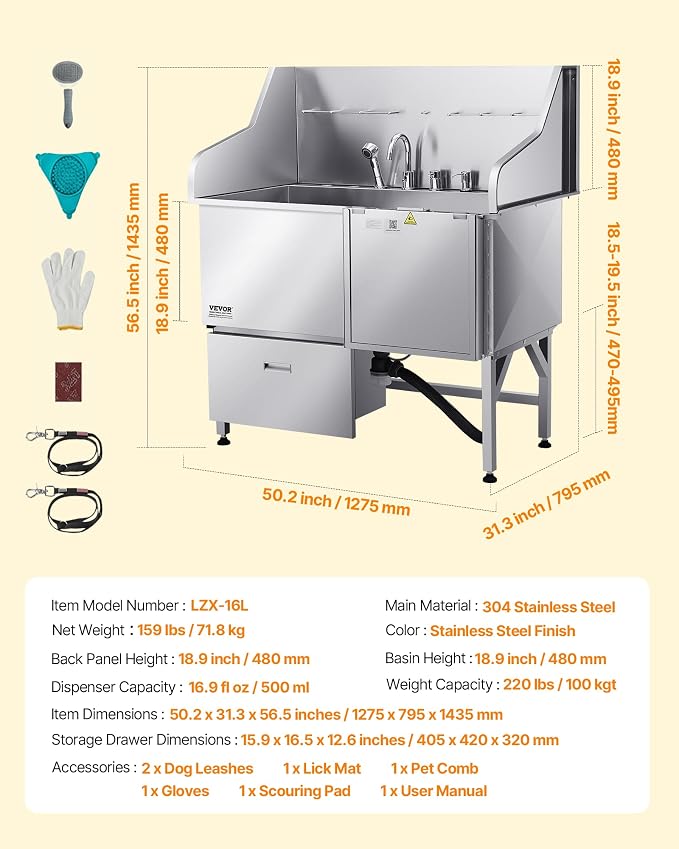 VEVOR Professional 304 Stainless Steel Dog Bathing Station, 50 inch Pet Grooming Tub w/Anti-Slip ramp, Storage Drawer, Cold Hot Faucet Showerhead, for Large & Medium & Small (Right Door, with Drawer)