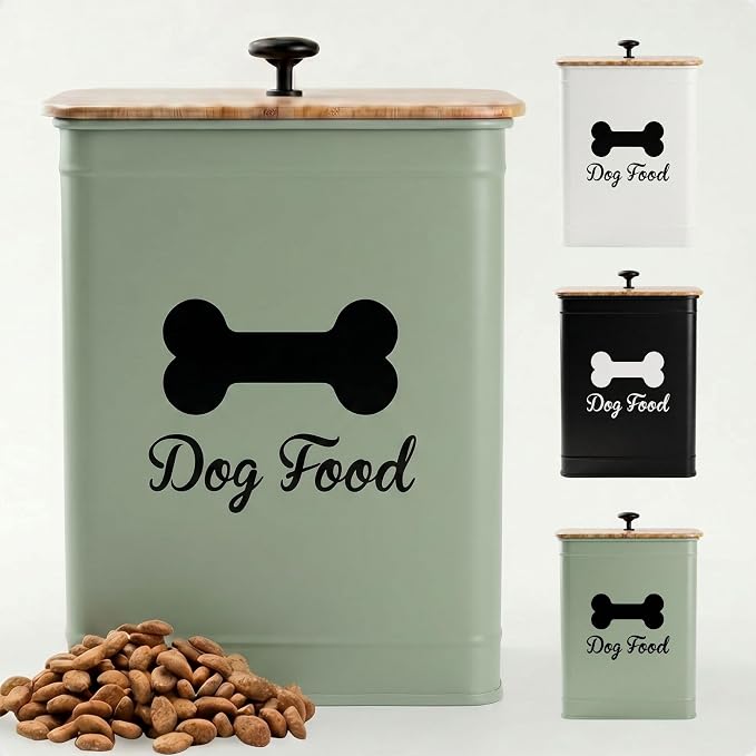 Metal Dog Food Container 5-7lb, 25 Cup w/ Airtight Bamboo Lid, Metal Handle | Pet Jar For Dogs up to 50lbs, Airtight Bamboo Lid, Sturdy Comfortable Metal Handle, Powder Coated Iron, Kibble Storage Bin