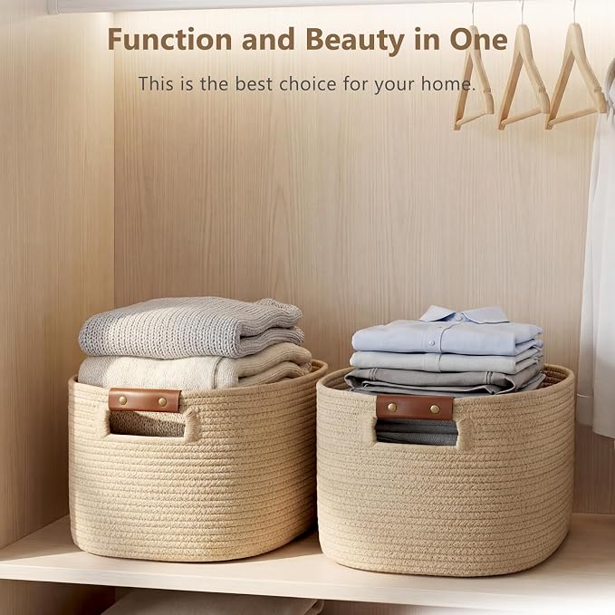 ECDYQXVU 15x10x9 Woven Cotton Rope Storage Basket, Leather Handles 3 Pack | Foldable Design, Sturdy PU Handles, Easy to Clean Organizer for Living Room, Closet, Shelves, Bedroom, Laundry, Clothes