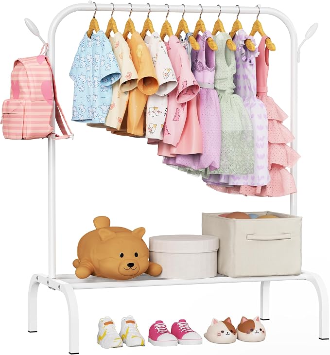Kids Clothes Rack for Ages 3-6, Montessori Kids Clothing Rack, White | Kids Dress up Rack with Bottom Shelf & Side Hooks, Toddler Wardrobe Rack for Bedroom, Playroom, Nursery & Small Room Storage