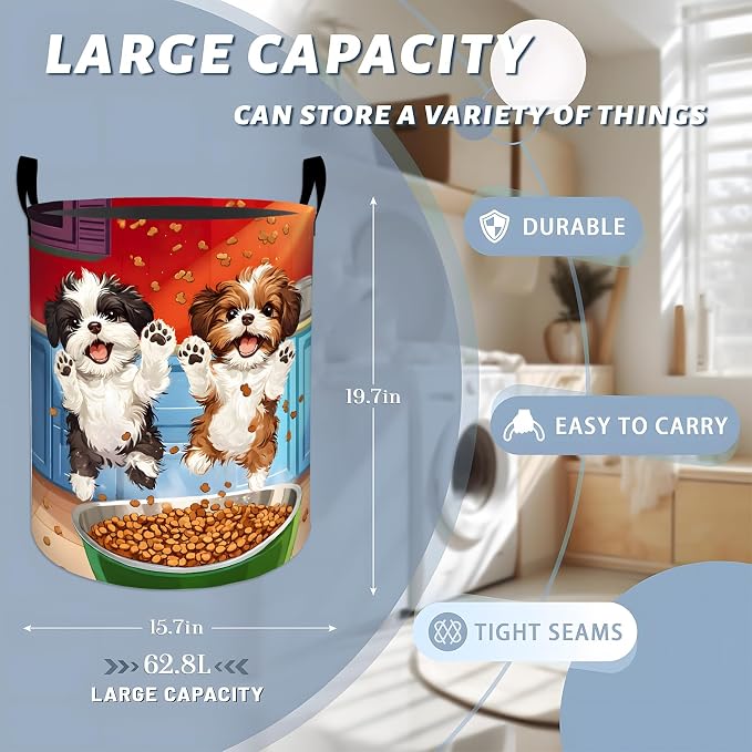 Funny Dog Laundry Basket, Puppy Pet Food Bowl Print Storage Hamper, Round Collapsible Waterproof Cloth Bin, 19.7x15.7 Inch Playful Clothes Organizer Gifts for Bathroom Decor