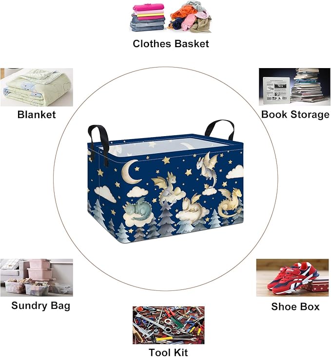 Rectangular Dragon Storage Bin, Medium Fabric Closet Organizer Basket | Moisture repellent textile, reinforced carry grips, collapsible holder tidies cabinet and teenage bedroom belongings