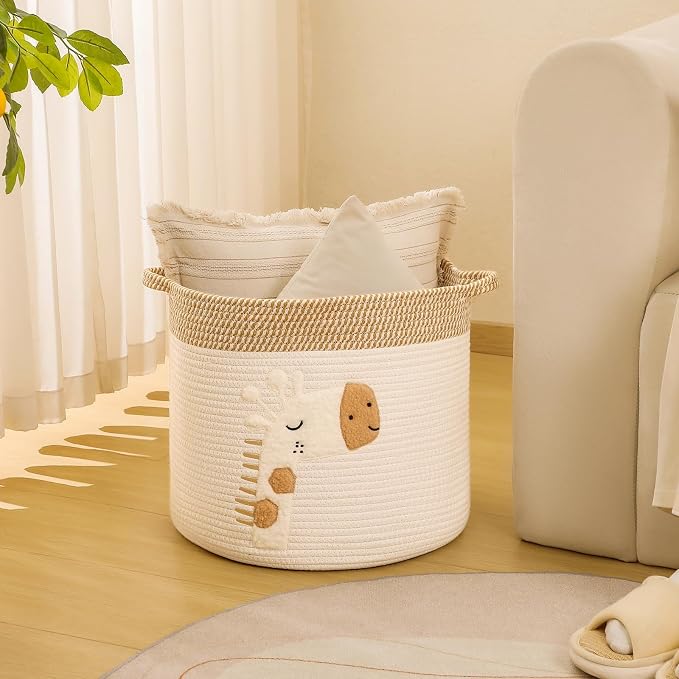 Large Blanket Baskets for Living Room Decor, Toy Storage Baskets 14" x 14" Woven Cotton Rope Basket for Kids, Dog Toys Organizer Clothes Hamper with Embroidery Decor for Nursery Laundry, Giraffe