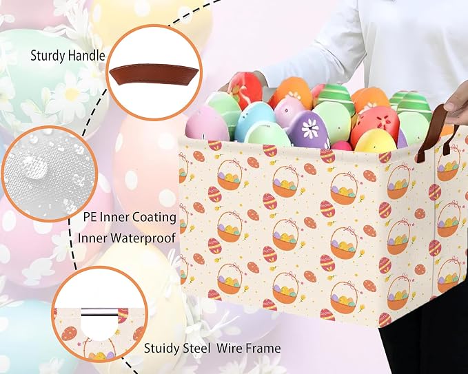 Large Rectangular Easter Baskets Empty Waterproof Boy Toy Box Foldable Kid's Gifts Storage Bin Spring Room Decor(Small Round Dot Gift Basket Egg)