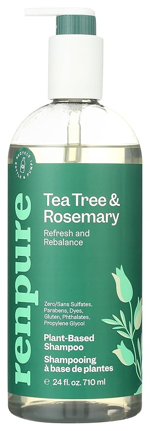 Renpure Plant Based Tea Tree and Rosemary Refresh and Rebalance Shampoo - Soothes Dry Scalp - Delivers Moisture and Shine - Rids Hair of Grime - Dye Free - Recyclable, Pump Bottle Design - 24 fl oz