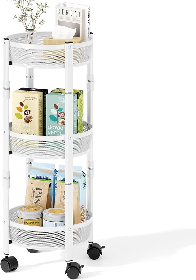 TOOLF 3 Tier Foldable Rolling Cart, Metal Utility Storage Cart, White | Assembly-Free, Lockable Wheels, Round Trolley Organizer for Bathroom, Kitchen, Office, Dorm, Laundry, Craft Room