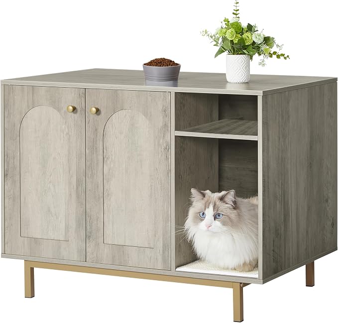 Hzuaneri Cat Litter Box Enclosure, Hidden Litter Box Furniture with Storage | Large Wooden Cabinet with Sisal Mat, Modern Cat Washroom for Living Room, Bedroom, Entryway, Greige and Gold CB01505G