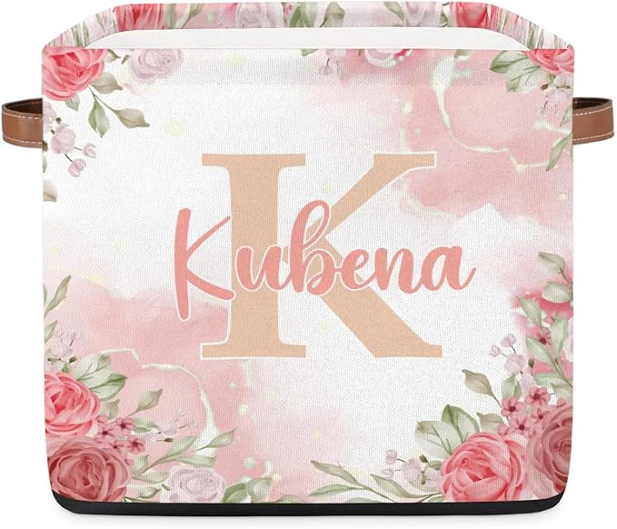 Personalized Initial-Name Pink Flower Storage Baskets for Girls Women, Custom Portable Square Storage Bins with Handles Foldable Organizer for Clothes, Toys, Blanket, Towel,Pet 13”