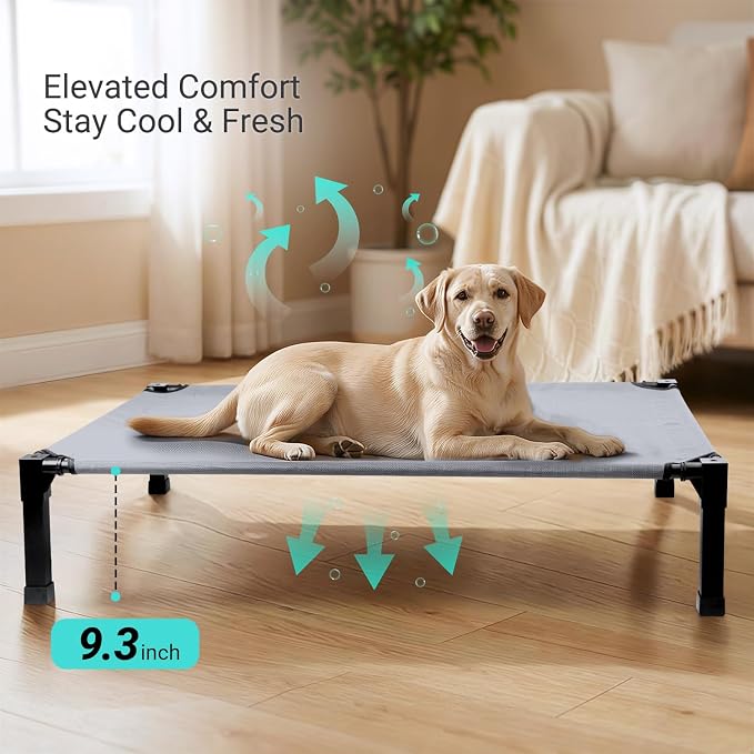Elevated Outdoor Dog Bed, Raised Dog Bed with Steel Framed 51in | Cooling Elevated Pet Cot with Non-Slip Feet, and Waterproof, Washable, Breathable Teslin Mesh