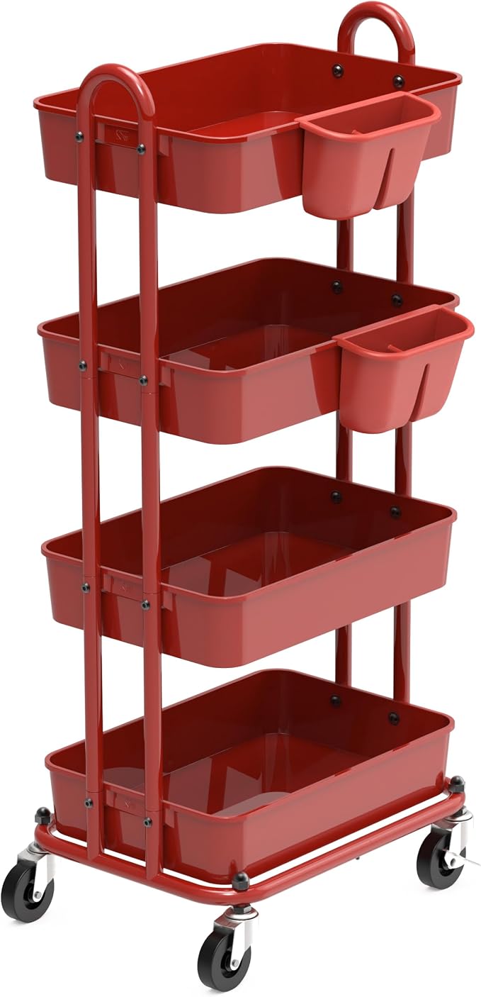 Simple Houseware 4-Tier Rolling Utility Cart with Hanging Bucket, Red | Storage for Bathroom, Kitchen, Office, Study Room, Nursery Diaper