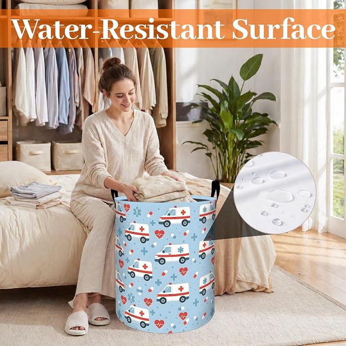 Ambulance Laundry Basket, Medical Vehicle Oxford Cloth Dirty Clothes Collapsible Hamper for Room Decor, Cute Medical Theme Gifts, Toy Organizer 19.7 x 15.7 Inches for Bedroom Bathroom Dorm
