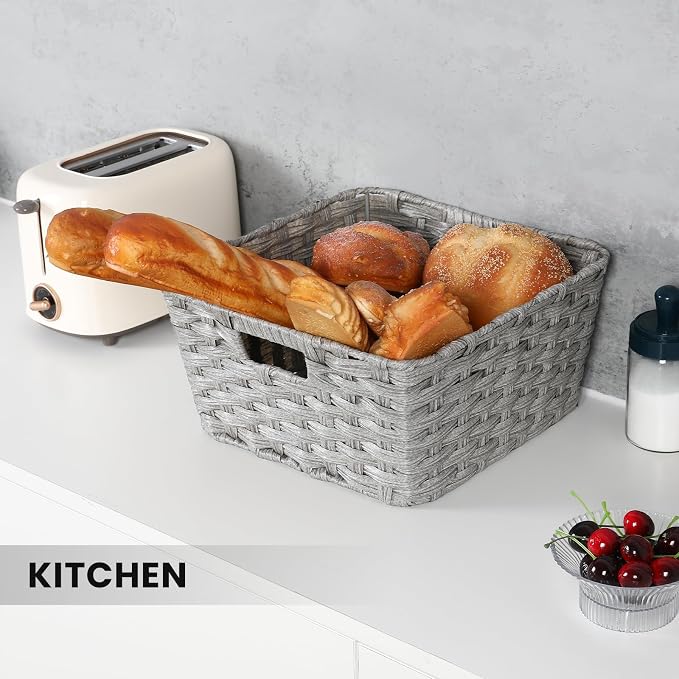 2-Pack Plastic Wicker Storage Baskets for Bathroom, 12"x12"x6", Grey | onlytak Woven Storage Baskets, Stackable & Durable, for Shelves, Closet, Toilet Paper, Home Organizing