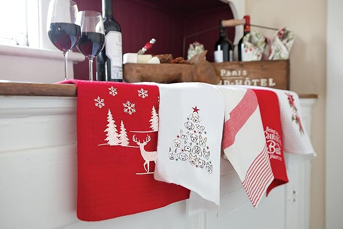C&F Home Dog Faces Christmas Tree 100% Cotton Flour Sack Dishtowel Xmas Festive Winter Holidays Cute Home Kitchen Drying Dish Hand Towel Machine Washable Embroidered Decor Decoration 18" x 27" White