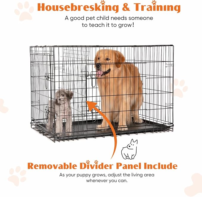 Sweetcrispy Dog Crate 42 Inch, Medium Large Dog Cage, Foldable Pet Kennel | Double Door, Metal Kennel, Secure Lock, Removable Tray, Indoor Outdoor Training Travel