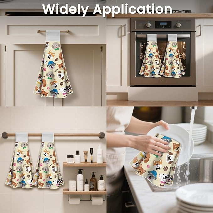 CUTHOLLOW Cute Cartoon Puppy Hanging Kitchen Towels with Loop, Set of 2 - Soft & Super Absorbent Microfiber Decorative Hanging Dish & Hand Towel, Tea, Coffee Towel for Kitchen Bathroom Oven Handle