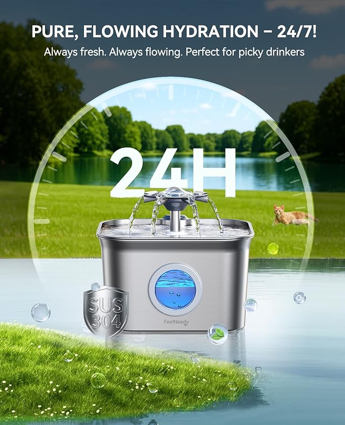 Stainless Steel Cat Water Fountain, 99oz/2.8L Auto Pet Drinking Fountain with 20dB Ultra-Quiet Pump- Ideal for Timid Pets, LED Water Level Window, Dishwasher Safe, 24/7 Circulating Flow - FEELNEEDY