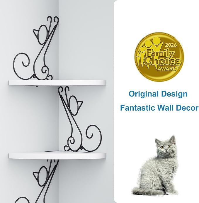 Alsonerbay 4-Tier Cat Shaped Corner Floating Shelf Wall Mount, White | Curved solid wood, 35.2 lbs total capacity, reinforced metal bracket, rustic decor, for bedroom, living room & kitchen