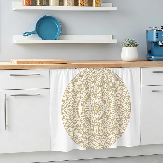 Beige Boho Sink Skirt 11"Wx13"L,Dustproof Under Sink Curtain with Self Adhesive Tape,Retro Farmhouse Ethnic Abstract Geometric Art Cabinet Curtain Cover for Bathroom Vanity,Kitchen Storage Shelf