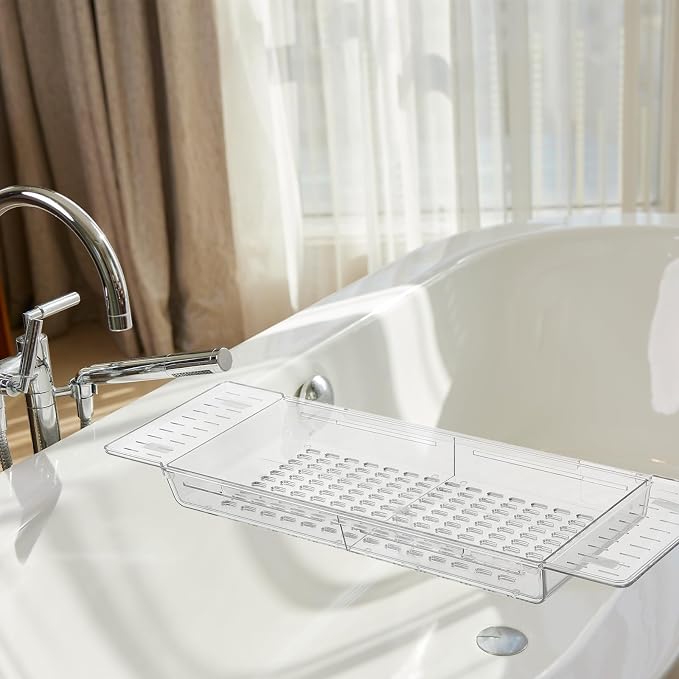 Expandable Bathtub Tray Caddy Pet Bathroom Organizer Rack | Foldable Soap Dish Design, Rectangular Lightweight Build, Shower and Travel Storage, Space Saving Multifunctional Layout