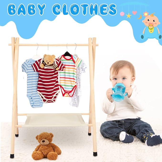 Queekay Baby Clothing Rack for Baby Shower Toddlers Wooden Kids Dress up Rack with Storage Shelf for Toddler Dogs Pets Small Clothes Kids Garment Closet(28.7" h,Natural)