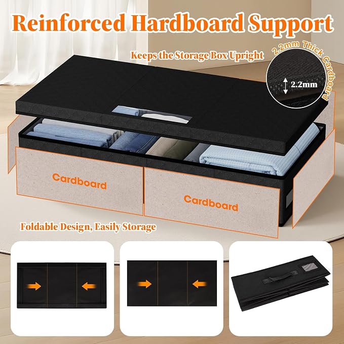 StoreHappily Under Bed Storage Containers with Lids, 2 Pack Foldable Black | Storage organizer, Stackable Clothes Storage Bags, For Blankets Pillows Clothing, Clear Window, 3-Sided Handles, Label Slot