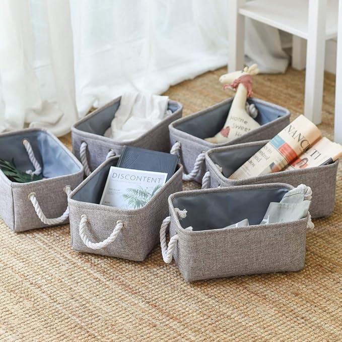 Foldable Small Storage Baskets with Strong Cotton Rope Handles [6-Pack] Gray Collapsible Storage Bins Set Works Room Storage, Nursery Baskets