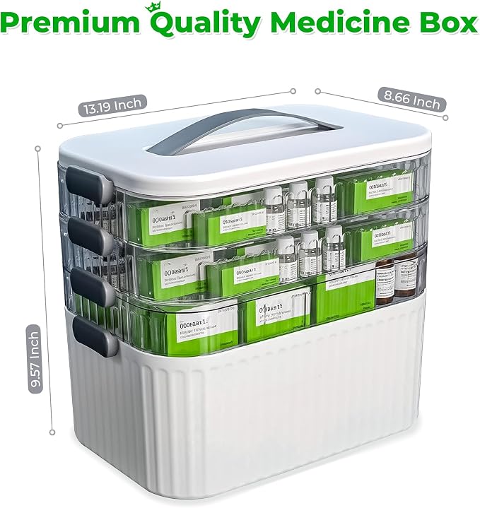 Multi-Tier Medicine Storage Box with Handle | Portable First Aid Organizer for Home, Office & Travel | Large Pill Storage Cabinet with Bonus 7-Day Pill Case (3-Tier & 4-Tier Variants) (4-Tier)