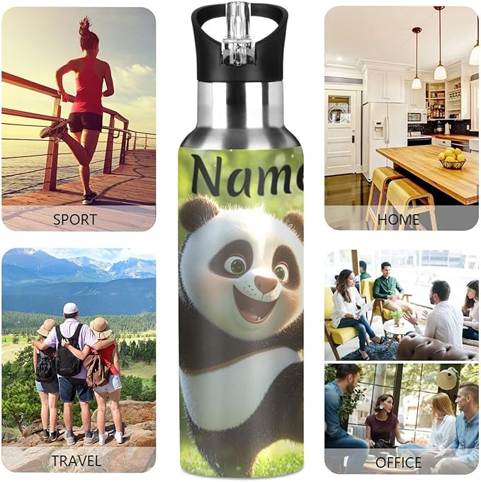 Custom Name Panda Playing Football Water Bottle with Straw Lid Kids Insulated Stainless Steel Water Flask Sports, 20 Oz Hot Cold