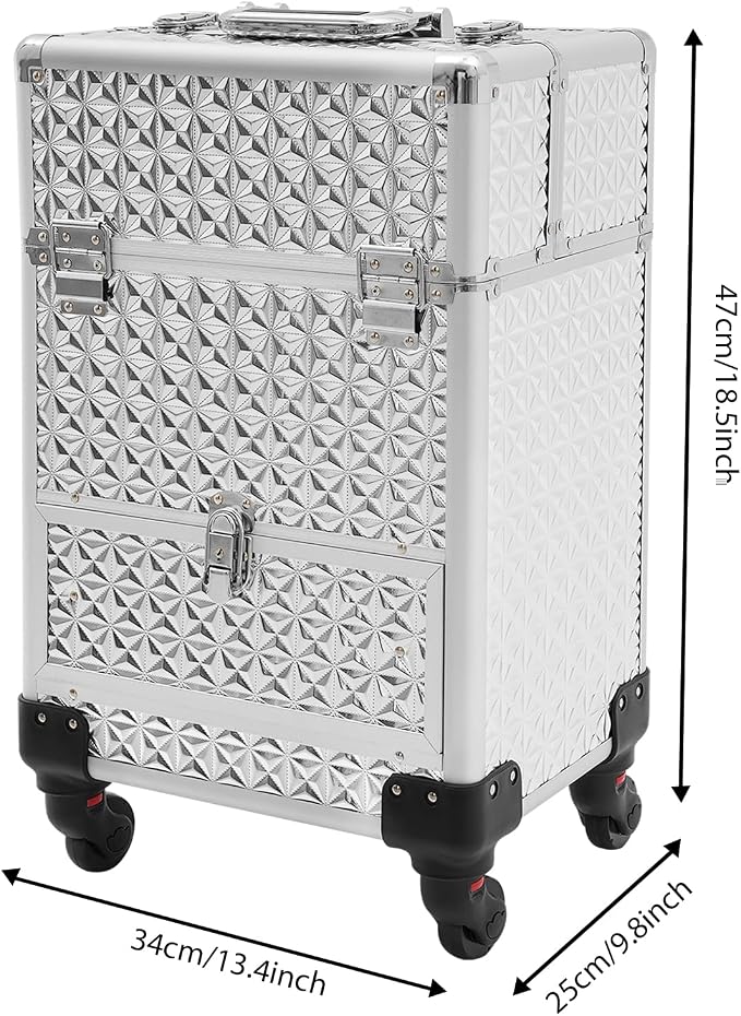 3 in 1 Makeup Rolling Train Case, Cosmetic Travel Trolley Storage Sliding Drawer 4 Tray Hairstylist Organizer Box with 3 Keys Salon Barber Case Traveling Cart Trunk for Hairstylists Nail Tech (Silver)