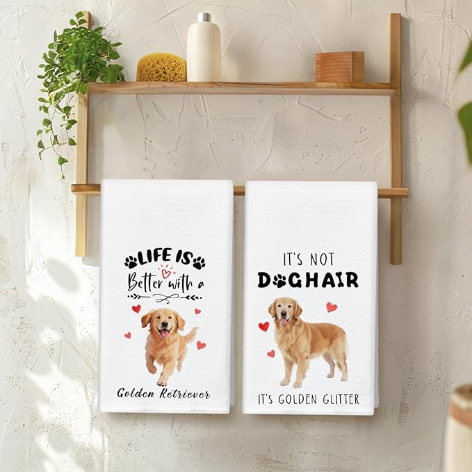 WwongxianB Golden Retriever Kitchen Towels Decorative Set of 2, Funny Tea Towel Hand Towels Highly Absorbent Dish Cloths 16x24 Inches, Bathroom Decor, Golden Retriever Gifts for Dog Lovers -09