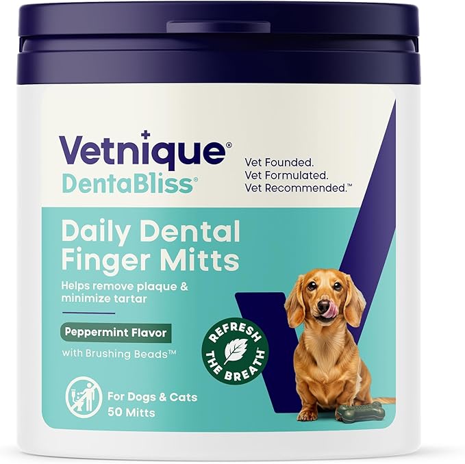 Vetnique Dentabliss Dog Dental Finger Mitts, Vet-Formulated Plaque and Breath Control, Secure-Fit Design, Pre-Moistened Cotton Mitts for Daily Dog Teeth Cleaning, 50 Count (Peppermint Flavored)