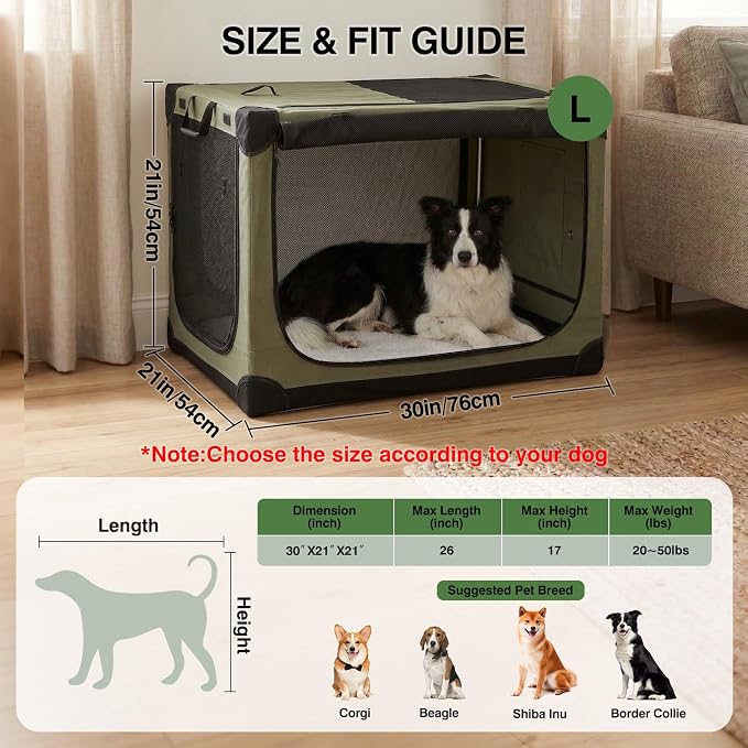 30 x 21 x 21 Inch Collapsible Soft Dog Crate for Dogs Up to 50 lbs, Portable Travel Pet Kennel with 4 Zip Doors, Foldable Indoor Outdoor Crate with Mat, Carry Bag, Green