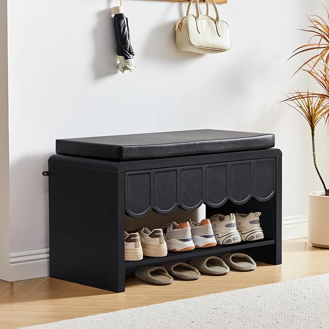 ORRD Shoe Storage Bench with Cushion, Shoe Rack Organizer Cabinet Bench with Wave Panel Drawer and Open Shelf for Entryway, Hallway, Living Room (Black)