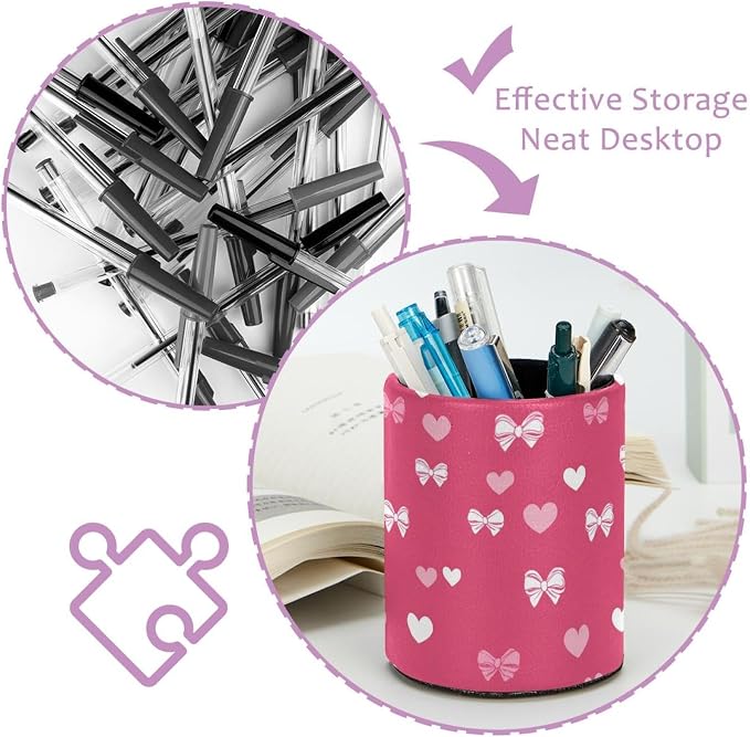 Faux Leather Pen Holder for Desk, Pencil Organizer Hearts and Bows Pen Cup Desk Decor Makeup Brush Holder Storage for Office Home