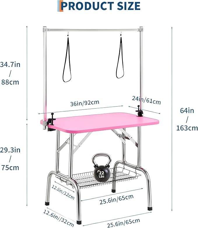 GarveeTech Dog Grooming Table, 36 Inch Pet Grooming Station w/Arm & Noose | Adjustable Height, Foldable Design, Non-Slip Surface & Mesh Tray, Holds Up to 330Lbs for Cat/Dog Trimming Drying, Pink