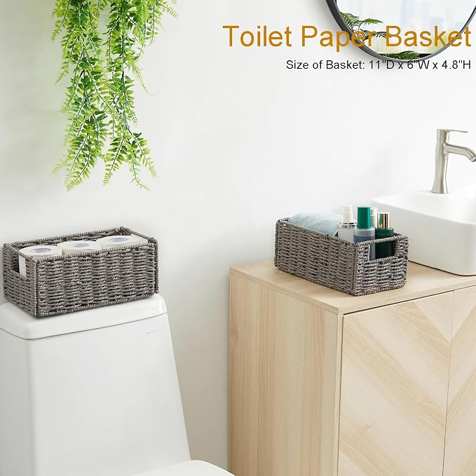 Vagusicc Wicker Storage Basket, Set of 2 Grey Baskets for Toilet Paper | Hand-Woven Wicker Baskets, Small Storage Baskets for Organizing with Handles Foldable Cube Storage Organizer Bins for Shelves