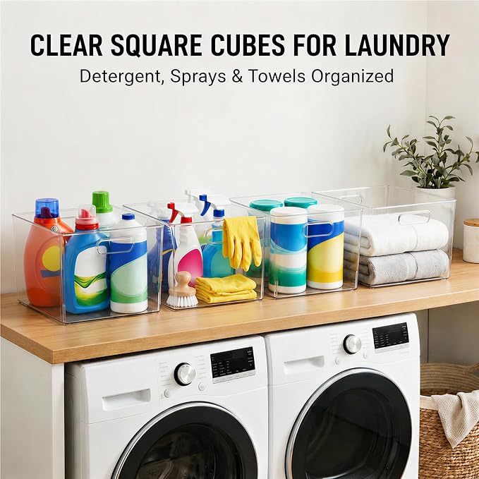 MOONEDGE 4-Pack 12x12x7 Extra Large Clear Plastic Storage Bins with Handles | Cube Acrylic Organizer Square Containers for Pantry,Closet,Kitchen,Bathroom,Laundry,Under-sink,All-In-One Organization