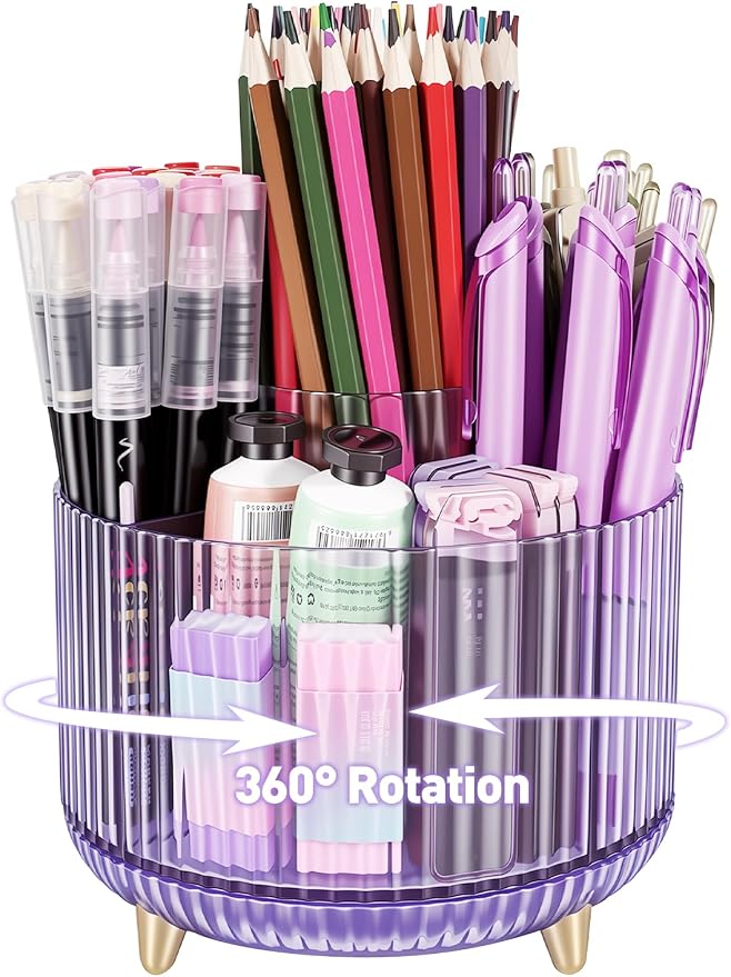 360 Rotating Pen Pencil Holder for Desk, Pen Organizer with 5 Slots | Makeup Brush Holder, Desk Organizer and Accessories, Cute Pencil Cup Caddy for Office School Home Decor Art Supply (Purple)