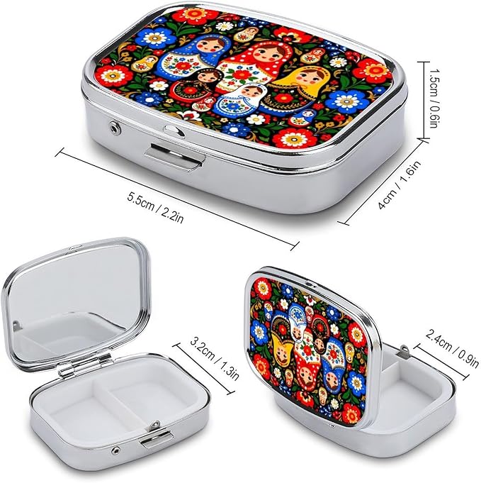 Matryoshka in Floral Harmony Two Compartment Pill Box Medicine Organizer, Portable Pill Case with Secure Snap Closure for Vitamins Medication Supplements Daily Use