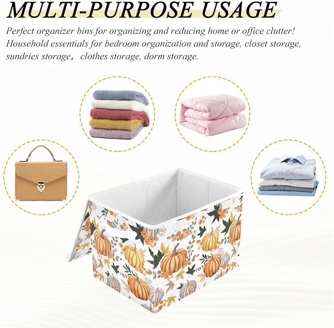 senya Thanksgiving Storage Baskets Collapsible Storage Bins with Lids, Pumpkins Flowers Leaves Thanksgiving Storage Boxes Clothes Baskets for Organizing