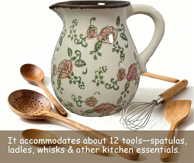 Utensil Holder for Kitchen Countertop, Rustic Ceramic Utensil Crock | Utensil Organizer Crock with Handle for Kitchen Counter, Vintage Farmhouse Home Decor, Flower Pot, Countertop Spoon Tools