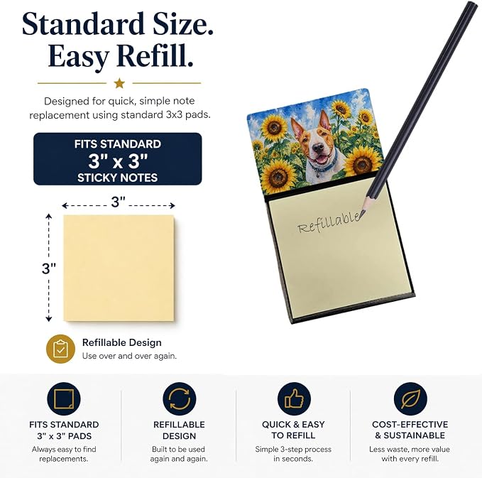 Caroline's Treasures English Bull Terrier in Sunflowers Watercolor Sticky Note Holder Refillable Dispenser Desk Accessory 3x3 Pad Gift