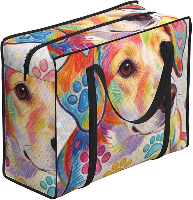 Clothes Storage Bags Pet Colorful Doodle Paw Hearts Dog, Heavy Duty Oxford Fabric Packing Tote with Strong Zippers for Closet Organizers and Bedroom Storage
