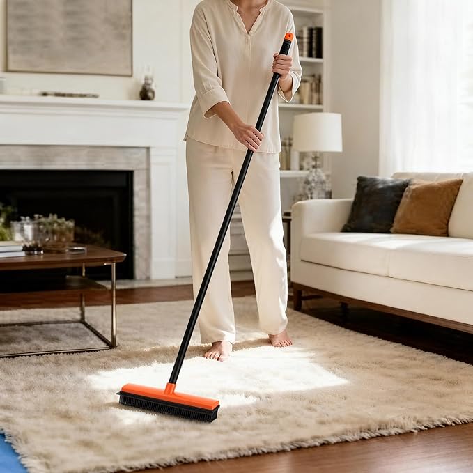 CLEANHOME Rubber Broom for Pet Hair on Carpet & Stairs, Adjustable Long Handle Rubber Broom & Squeegee, Pet Hair Remover Tool for Hardwood Tile Floors, Dog Cat Hair Broom