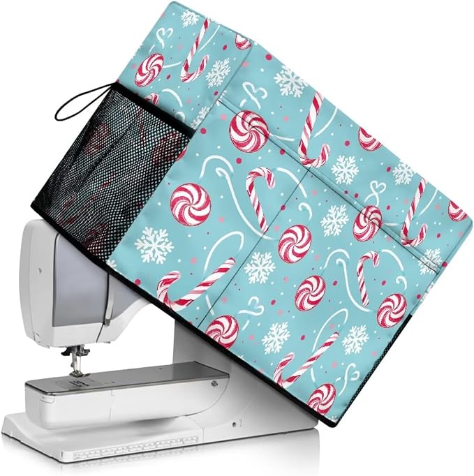 Christmas Candy Cane Snowflakes Print Sewing Machine Cover | Dust & Pet Hair Protection,Fits Standard Singer, Brother and Janome Machines, Protecting & Decorating Your Sewing Space