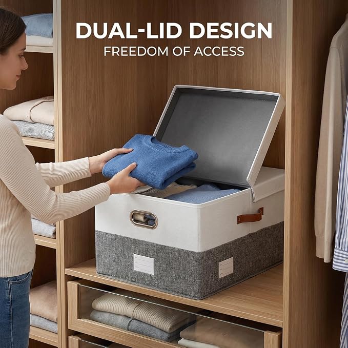 Storage Bins with Lids [3-Pack] Linen Fabric Foldable Storage Boxes Organizer Containers Baskets Cube with Cover for Bedroom Closet Office Grey&White (23.4X15.9X11.4)